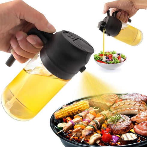 2 in 1 470ml Glass Oil Sprayer & Dispenser, Cooking Oil Spray Bottle for Kitchen, Salad, Baking, BBQ (Black)