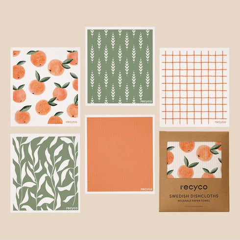 5 Pack Counter 8" 7" RECYCO Swedish Dishcloths for Kitchen | Peachy Leaves Washable Dish Rags | Cellulose Reusable