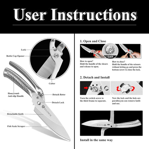 WILDMOK Heavy Duty Poultry Kitchen Shears Multi-function Stainless Steel Poultry Shears, Ultra Sharp All Purpose