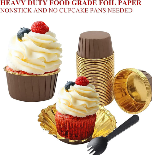 Foil Cupcake Liners with Dome Lids, 100 Pack LNYZQUS 5.5 Oz Muffin Cups, Large Baking Cups with Spoons - Brown