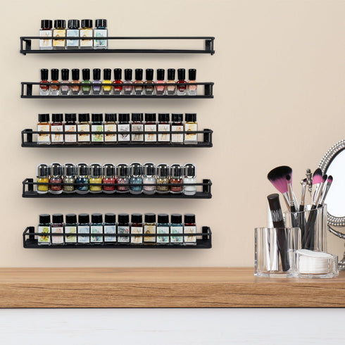 16 Inch Set 5 MyGift Wall Mounted Black Metal Nail Polish and Essential Oil Display Shelves, Kitchen Hanging Racks