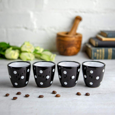 City to Cottage Ceramic Espresso Cups Set of 4, Handcrafted Black and White Polka Dot Espresso Mugs