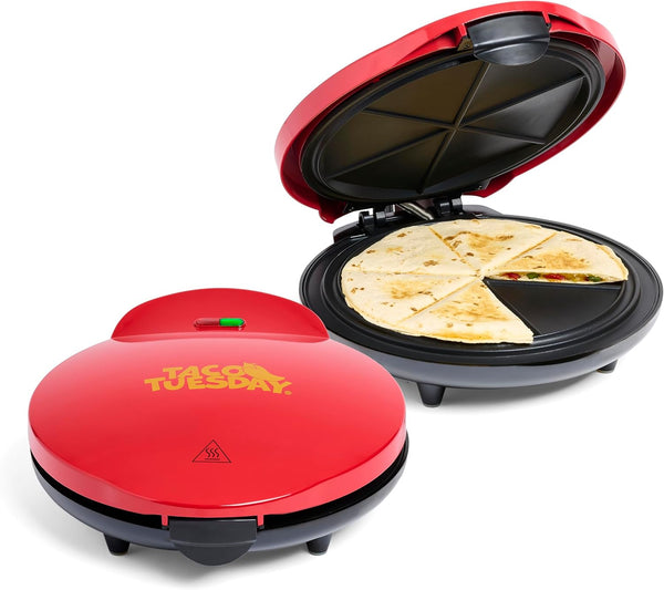 Taco Tuesday Deluxe Electric Quesadilla Maker, 10-inch 6-Wedge with Extra Stuffing Latch, Red