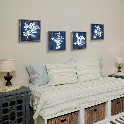 White Botanical Wooden Wall Art, Rustic Framed Artistic Plant Leaves Picture (16 x 16 x 4 pcs)