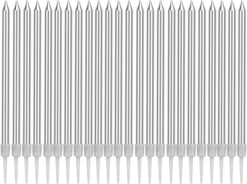 Luter Metallic Long Birthday Candles with Silver Stand - Cake Candles for Wedding Birthday Party Decoration (24 Pieces)