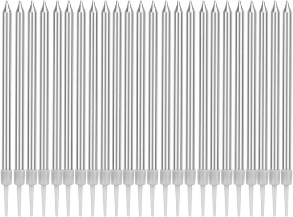 Luter Metallic Long Birthday Candles with Silver Stand - Cake Candles for Wedding Birthday Party Decoration (24 Pieces)