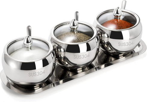 Hedume 3 Grids 304 Stainless Steel Seasoning Containers Set with Lid Spoon and Tray for Serving Sugar, Pepper, Spice