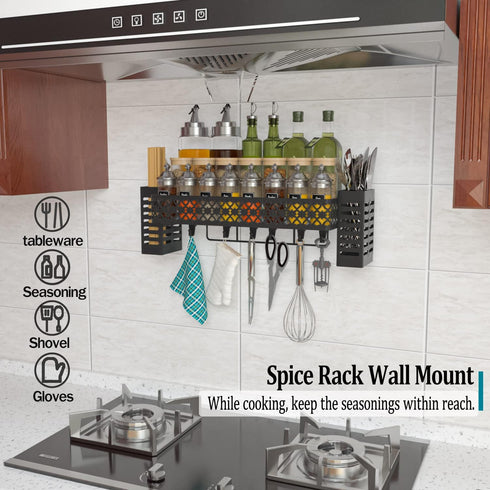 Hanging Spice Rack Wall Mount, Over Stove Spice Organizer Shelf with Wall Hanging Utensil Holder 6 Hooks for Kitchen, Black by Tamomic