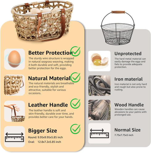 Farmhouse Seagrass Egg Baskets for Collecting Fresh Eggs Handmade Egg Collecting Basket Wicker Oval Storage Basket