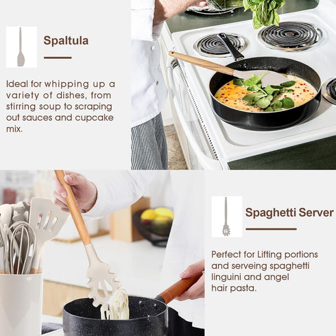 E-far Cooking Utensils Set of 6 - Silicone Kitchen Utensils with Wooden Handle, Non-stick Cookware Friendly, Heat