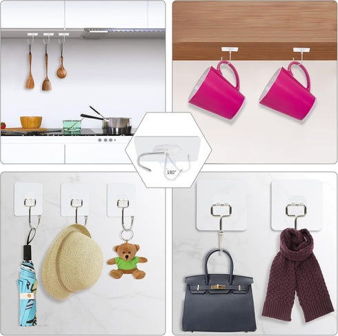 30 Packs Large Heavy Duty Adhesive Wall Hooks, 44lb Max Hold, Transparent Waterproof Rustproof Sticky Hooks for Home