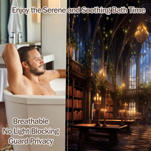 70" 78" Library Shower Curtain Bookshelf School Medieval Magic Book Bathroom Decor, Waterproof Fabric with Hooks W X L