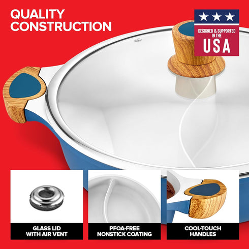 Nonstick Hot Pot with Divider, Blue Shabu Shabu Pot with Silicone Spoons for Cooking Two Broths, Induction or Gas Stove