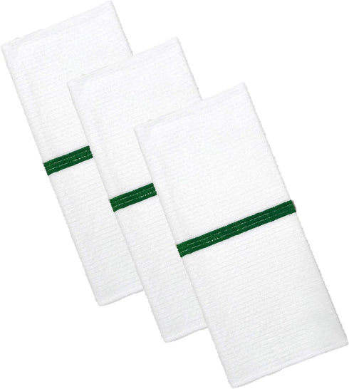 POLYTE Microfiber All-Purpose Ribbed Terry Bar Mop Towel for Home Cleaning (14x17, White w/Green Stripe) 12 Pack
