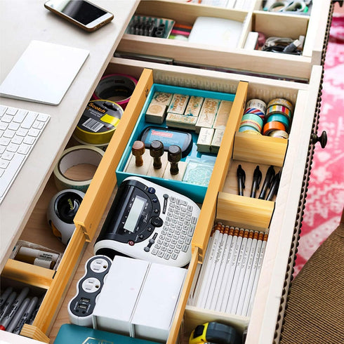 ANTOWIN Bamboo Drawer Dividers Organizers - Adjustable Spring-loaded Drawer Separators for Large Utensil, Clothes, Tools