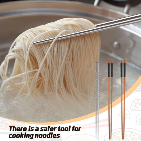 3 Pairs Extra Long Cooking Chopsticks - 15.3 Inch Stainless Steel & 16.5 Inch Wooden for Hot Pot, Frying, Noodle Cooking