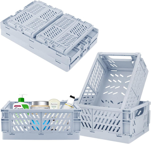 Plastic Storage Baskets for Desk Organizing, 2 Medium + 2 Small Durable Folding Crates for Home and Office