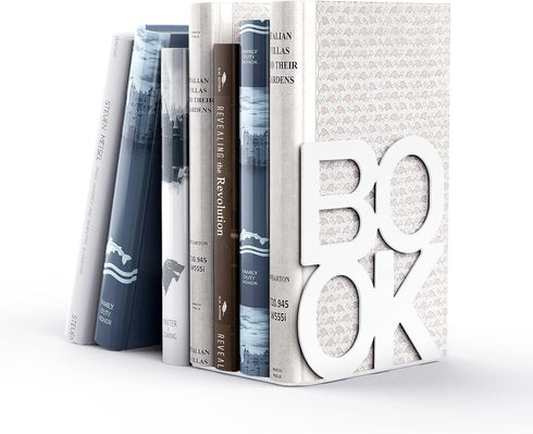 Decorative Metal Book Ends Heavy Duty Supports for Bookrack Desk with Unique Appearance Design (White)