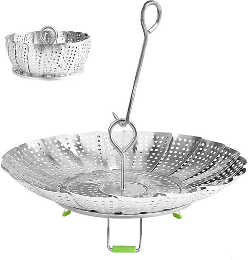 Steamer Basket Stainless Steel Vegetable Basket, Metal Handle Folding Silicone Feet Insert for Cooking Veggies