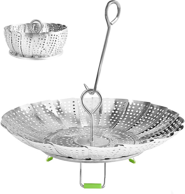 Steamer Basket Stainless Steel Vegetable Basket, Metal Handle Folding Silicone Feet Insert for Cooking Veggies