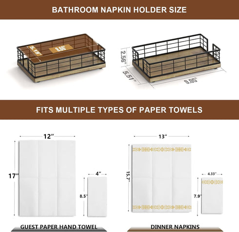 Guest Towel Holder Tray for Bathroom, Oak and Iron Napkins Holder, Wooden Basket for Disposable Paper Towels
