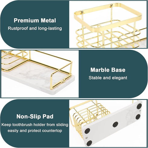 HarJue Toothbrush Holder, Luxurious Metal Toothbrush Toothpaste Holder with Marble Base for Bathroom, Multi-Slots