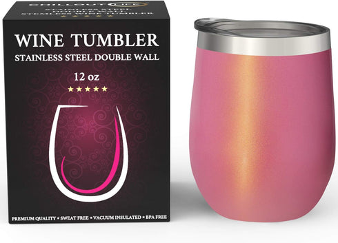 CHILLOUT LIFE 12 oz Stainless Steel Tumbler - Vacuum Insulated Travel Cup with Lid & Gift Box, Pink Sparkle