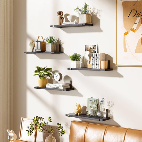 4.7 Inches (Set 5 Fixwal Wall Shelves, Width Black Floating Shelves for Wall, Rustic Wood Wall Storage Shelves