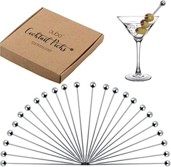 Premium Stainless Steel Cocktail Picks, 24 Pack, 4 Inch Cocktail Skewers for Drinks