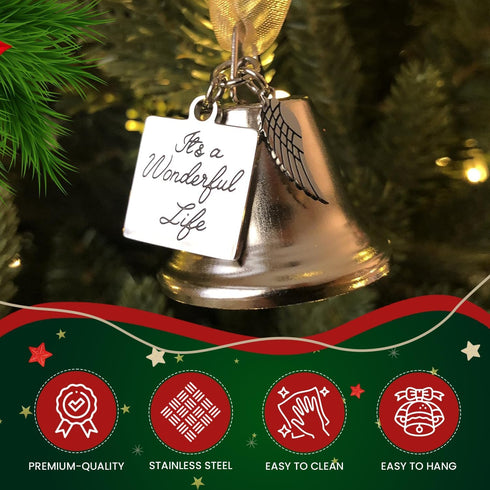 It's a Wonderful Life Inspired Christmas Angel Bell Ornament with Stainless Steel Angel Wing Charm