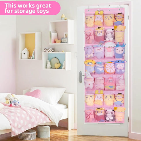 MISSLO Kids Over the Door Shoe Organizer, Pink Hanging Rack with 28 Pockets for Baby Toddler Room Decor