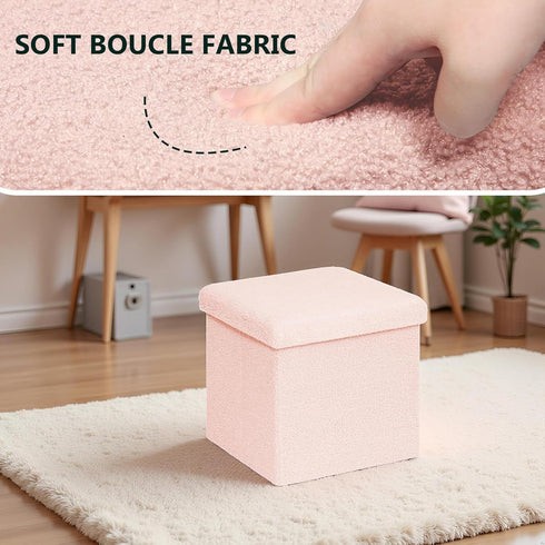 15in Small Storage Ottoman Foldable Sherpa Top Storage Bench,Foot Rest/Step Stool for Bedroom Dorm Entryway, Space