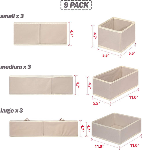 DIOMMELL 9 Pack Foldable Cloth Storage Box - Closet Organizer for Baby Clothes, Underwear, Bras, Socks, Beige