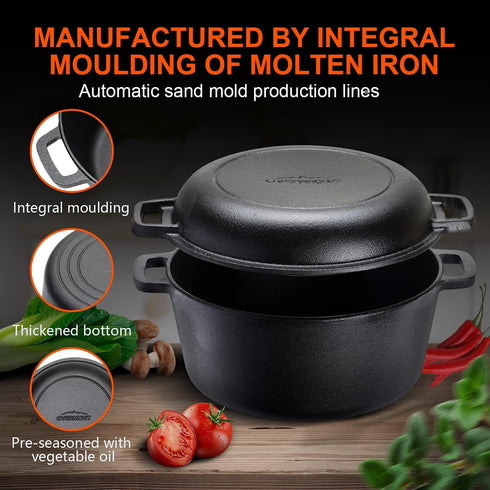 Overmont 2 in 1 Pre-Seasoned Dutch Oven with Skillet Lid for Induction, Electric, Grill, Stovetop, BBQ, Camping (5