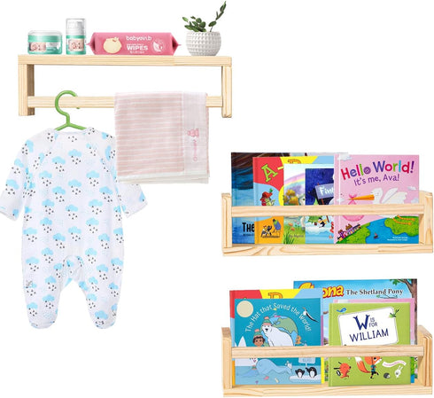 16 Inch-Small AZSKY Floating Nursery Book Shelves-Natural Wood Bookshelf for Kids Room Bookshelf Wall Mounted for Baby