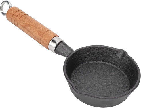Mini Egg Frying Pan, 3.9in Single Serve Cast Iron Omelet Pan with Wooden Handle for Gas, Electric, Induction