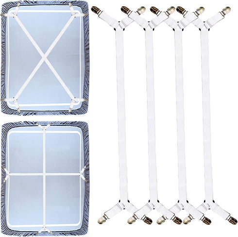 Premium Sheet Straps, 4 Pcs Adjustable Crisscross Fitted Sheet Clips, Heavy Duty for All Bedsheets, White