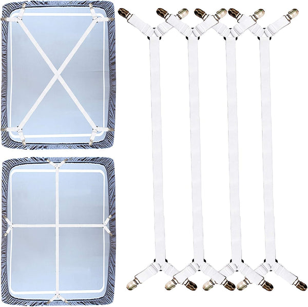 Premium Sheet Straps, 4 Pcs Adjustable Crisscross Fitted Sheet Clips, Heavy Duty for All Bedsheets, White