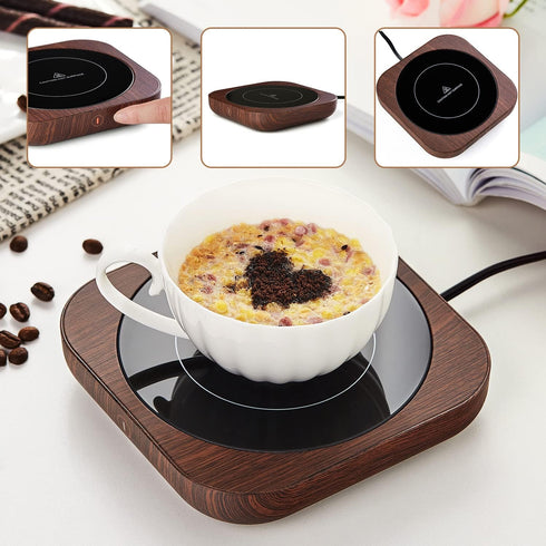 3 Settings, 54-Inch Coffee Mug Warmer with Auto Shut Off, Temperature Brown Wood Grain Design, Electric Beverage Heater