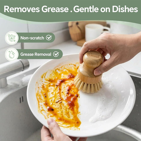Waisul Set, 4 Pack, (2 2 Bamboo Dish Brush Plastic-Free Medium Sisal, Firm Coconut Coir), Dish Scrubber & Vegetable