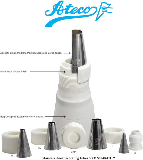Ateco Universal Pastry Coupler and Cap Set - 7 Piece Set for 250 Ateco Decorating Tubes and Other Brands