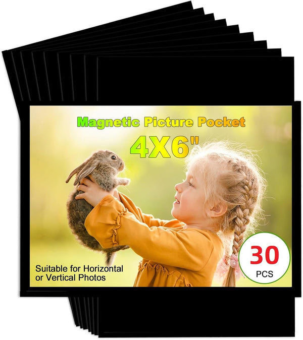 Black Magnetic Picture Frame 4X6 for Refrigerator, 30 Pack Black Photo Magnets Sleeves