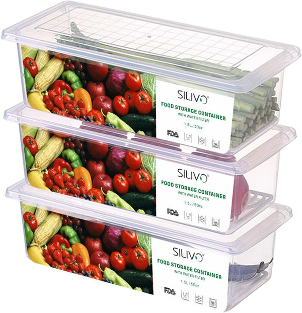 SILIVO Fruit Storage Containers for Fridge (3 Pack) - 1.5L Produce Saver Containers with Removable Drain Tray
