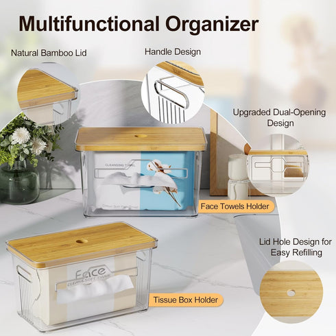 WBKATN 2 Pack Trash Bag Holder with Bamboo Lid, Stackable Acrylic Trash Bag Dispenser Roll Holder Under Sink, Plastic