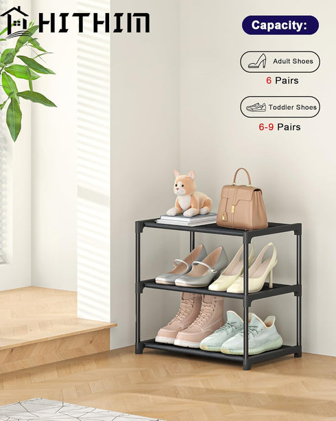 3 Closet HITHIM Tiers Small Shoe Rack,Narrow Stackable Shoe Shelf Organizer,Sturdy Shoe Stand, Non-Woven Fabric Metal