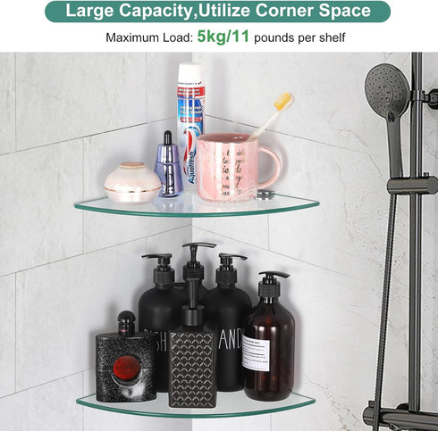 9.8" 9.8", 2 Pack Glass Corner Shower Shelves, Tempered Floating Glass Shelves Wall Mount, Shower Caddy Organizer