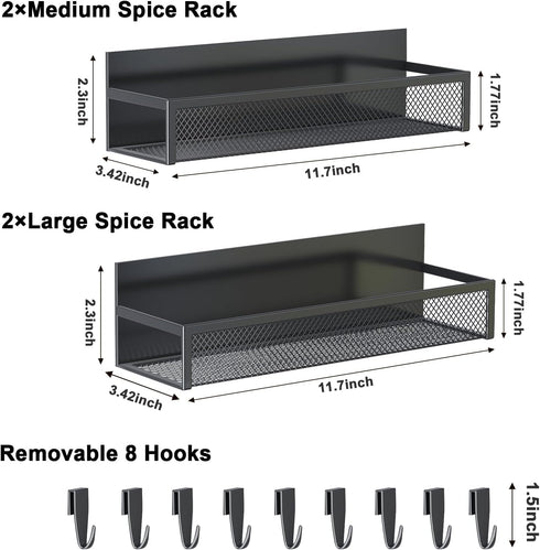 Magnetic Spice Rack for Refrigerator, 4 Pack Magnetic Shelf with Moveable 8 Hooks, Kitchen Organization
