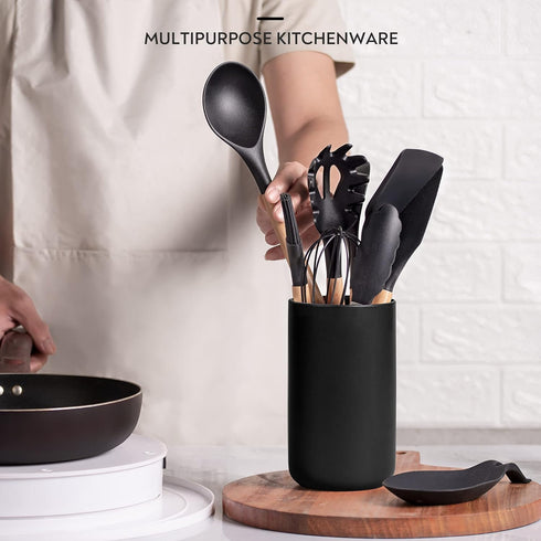 Kitchen Utensil Set, 13 pcs Non-Stick Silicone Cooking Utensils Spatula Set with Ceramic Holder, Black Holder