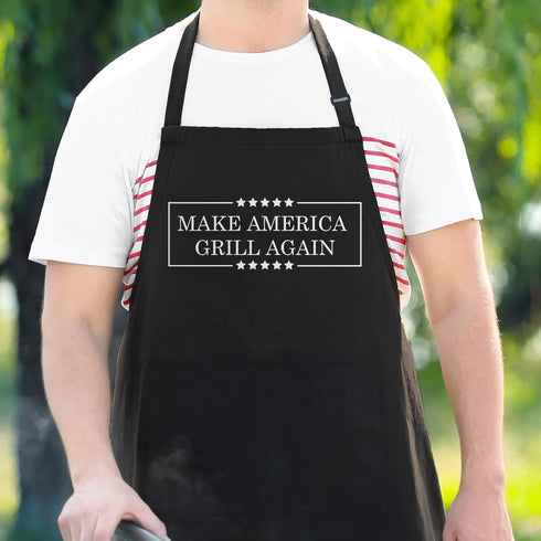 Funny BBQ Apron for Men - Make America Grill Again, Adjustable Large Size, Poly/Cotton with 2 Pockets