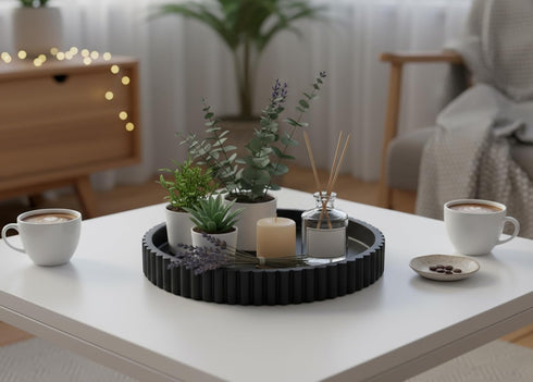 Concrete Decorative Tray for Coffee Table Tray Decor - Charcoal Black Round Decorative Tray - Circle Fluted Centerpiece